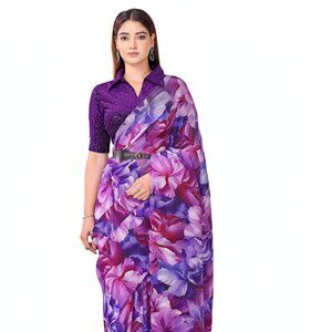Elegant Women's Floral Embroidered Satin Silk Saree with Belt - Multicolor